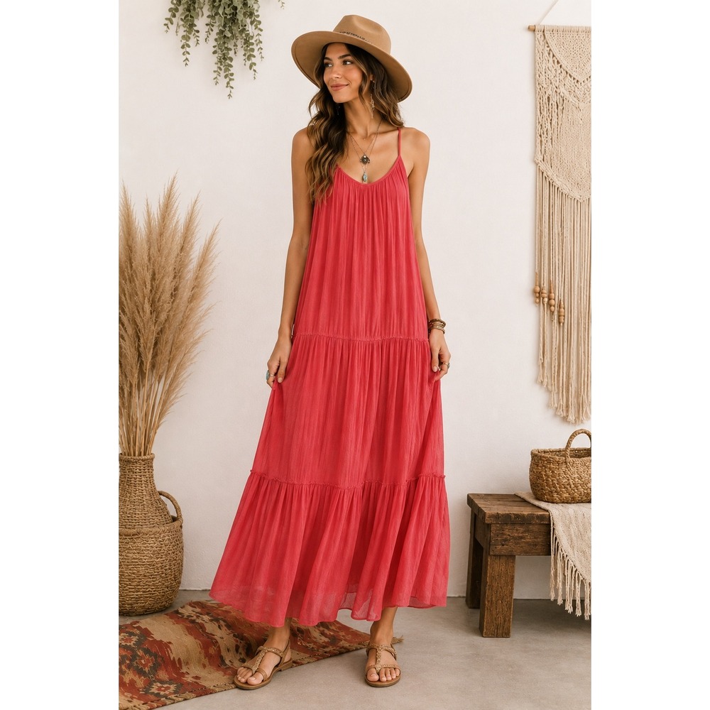 Bellambra Italy Coral Pink Silk Blend Tiered Maxi Dress Womens Large L Boho